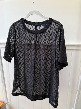Madewell Black Sheer Dot-Embroidered Short Sleeve Top